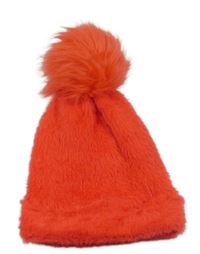 Červená chlupatá čepice s bambulí 