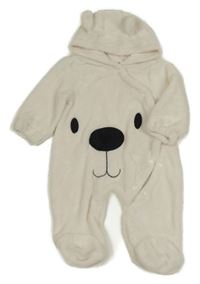 Bílá plyšová kombinéza s medvědem a kapucí 