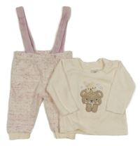 2 set - smetanové sametové triko s medvědem + světlerůžové tepláky s kšandami 