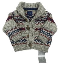 Nové - Šedo-modro-červený vzorovaný propínací svetr Early Days