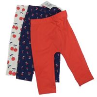 Nové - 3x legíny - červené + tmavomodré s třešněmi + bílé s třešněmi George