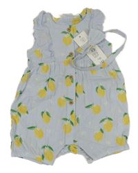 Nové - 2 set - světlemodrý mušelínový kraťasový overal s citrony + čelenka F&F