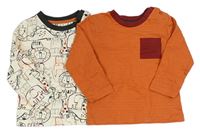 2x triko - oranžové pruhované s kapsou + smetanové se zvířaty Nutmeg