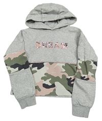 Šedo-khaki-růžová crop mikina s army pruhem a kapucí F&F