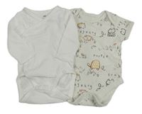 2set - 2x body - béžové se zvířátky + bílé zavinovací 