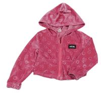 Růžová sametová propínací crop mikina se srdíčky a kapucí Shein