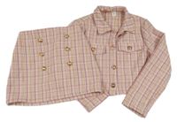 2set - Růžovo-bílo-béžový kostkovaný crop úpletový kabátek + sukně Shein