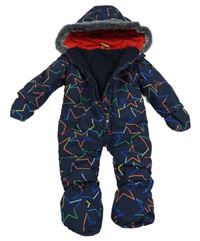 Tmavomodrá šusťáková zimní kombinéza s hvězdami a kapucí + rukavice + boty