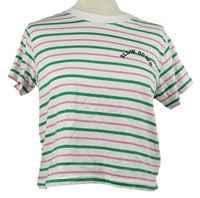 Dámské bílo-růžovo-zelené pruhované crop tričko zn. Primark 