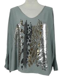 Dámské šedé úpletové triko s potiskem 