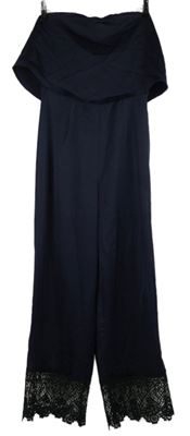 Dámský tmavomodrý saténový culottes kalhotový overal bez ramínek s krajkou MissGuided 