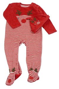 Nové- 2set- červeno-pruhovaný sametový overal se sobem+ čepice St. Bernard