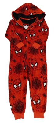 Červená chlupatá kombinéza se Spidermany a kapucí Marvel