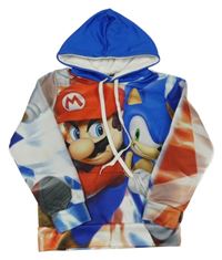 Modro-bílo-červená sportovní mikina s Mariem a Sonicem a kapucí 
