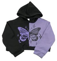 Černo-fialová sportovní crop mikina s motýlkem a kapucí Shein