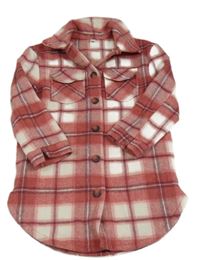 Jahodovo-bílá kostkovaná vlněná košilová bunda Tu