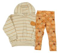 2Set - Smetanovo-hnědá pruhovaná oversize mikina s dýní + oranžové legíny George