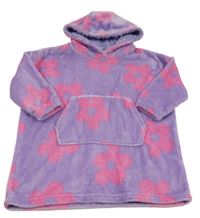 Lila chlupatá oversize mikina s květy a kapucí 