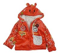 Červená plyšová zateplená bunda se smajlíky a kapucí 