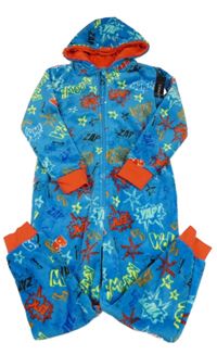 Nové - Modrá chlupatá kombinéza s nápisy a kapucí Dunnes