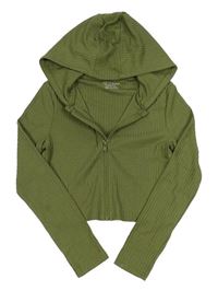 Khaki žebrovaná propínací crop mikina s kapucí Primark