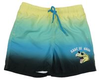 Žluto-modro-černé plážové kraťasy s dinosaurem 