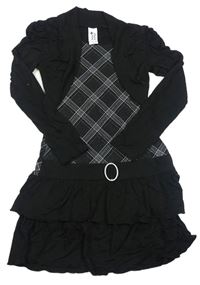 Černo-tmavošedé kárované šaty s volánkem a bolérkem C&A