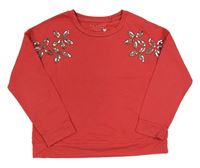 Červená oversize mikina s květy z flitrů a korálků Next