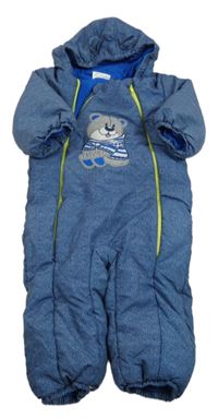 Modrá melírovaná šusťáková zimní kombinéza s medvídkem a kapucí s oušky Ergee