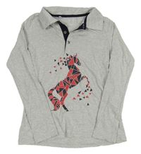 Šedé melírované funkční jezdecké triko s koníkem a límečkem FOuganza