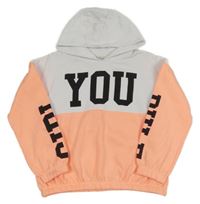 Bílo-neonově lososová melírovaná mikina s nápisy a kapucí F&F