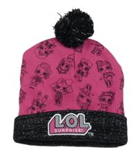 Tmavorůžovo-černo/stříbrná čepice s L.O.L. SURPRISE! a bambulí