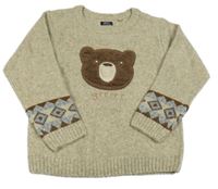 Béžovo-šedý melírovaný vlněný svetr s medvídkem a vzorem Next