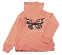 Lososová melírovaná mikina s motýlkem s pajetkami a komínovým límcem 
