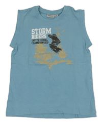 Modré tílko se surfařem a palmami a nápisy alive