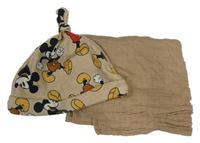 2set - Béžová čepice s Mickeym + béžová mušelínová plína Primark 