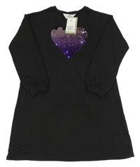 Nové - černé teplákové šaty se srdíčkem z překlápěcích flitrů H&M