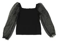 Černý žebrovaný crop svetr s organzovými balonovými rukávy RIVER ISLAND