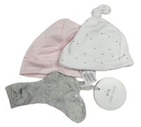 3set - Bílá bavlněná čepice s hvězdami + světlerůžová + šedé melírované ponožky