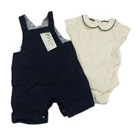 2set - Tmavomodré plátěné laclové kraťasy + smetanové body s límečkem M&S