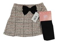 Nové - 2set - Bílo-černo-růžové melírované třpytivé vlněné sukňové kraťasy s mašlí + černé punčocháče Matalan