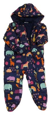 Tmavomodrá šusťáková zimní kombinéza se zvířaty a kapucí + rukavice Next