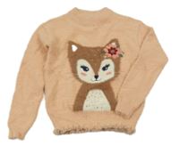 Broskvový chlupatý svetr s liškou s flitry C&A