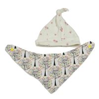 2set - Smetanová květovaná žebrovaná bavlněná čepice + bílý slinták se stromy