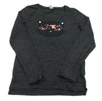 Černé melírované triko s kočkou s překlápěcími flitry Yigga