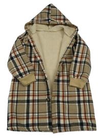 Hnědo-černo-béžový kostkovaný zateplený kabát s kapucí