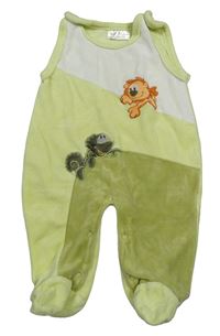 Zelenkavo-zeleno-bílé sametové dupačky s lvem a dinosaurem