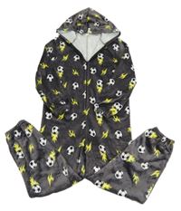 Tmavošedá chlupatá kombinéza s fotbalovými míči a kapucí Shein