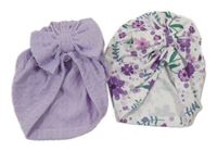 2x turbanová čepice - fialová s mašlí + bílá květovaná s mašlí