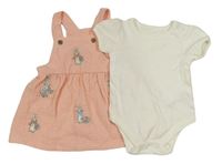2 set - Bílé body + světlerůžové mušelínové šaty s králíky 